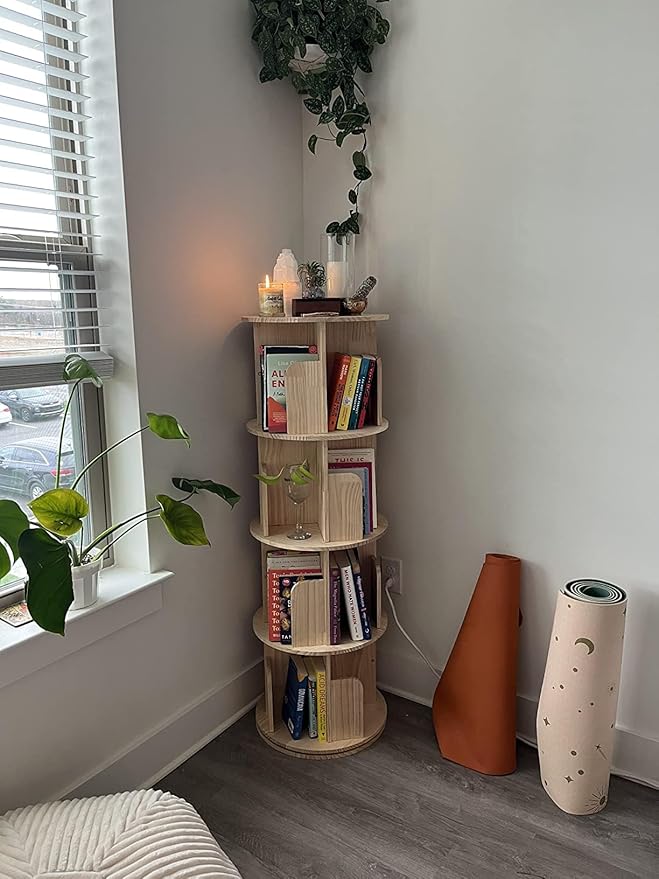 Rotating Bookshelf Kids, 360 Display 4 Tier Spinning Bookshelf Tower Stackable Solid Wood Book Shelf Rotating, Revolving Bookcase Floor Standing Bookcase Storage Display Rack for Kids&Adults, Pine