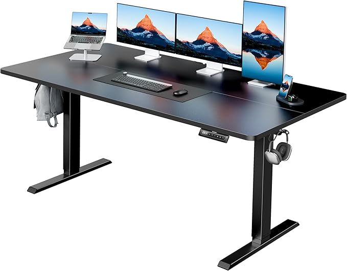 HUANUO 63" x 28" Electric Standing Desk Adjustable Height, 4 Memory Height Settings, Headphone Hook, Cable Manager, Sit Stand Up Desk for Home Office & Computer Workstation, Black