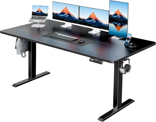 HUANUO 63" x 28" Electric Standing Desk Adjustable Height, 4 Memory Height Settings, Headphone Hook, Cable Manager, Sit Stand Up Desk for Home Office & Computer Workstation, Black