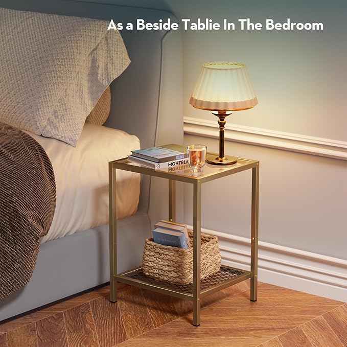SAYGOER Glass Side Table Small Gold End Table for Narrow Space 2-Tier Square Nightstand with Storage,13.3" x 11.8" x 19.7",Modern Bed Side Table with Metal Frame for Bedroom Living Room, Easy Assembly