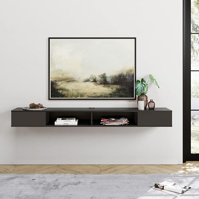 WAMPAT 70 inch Black Floating TV Stand, Entertainement Center Wall Mount for 75 inch TV, Media Console for Under TV with Storage for Living Room