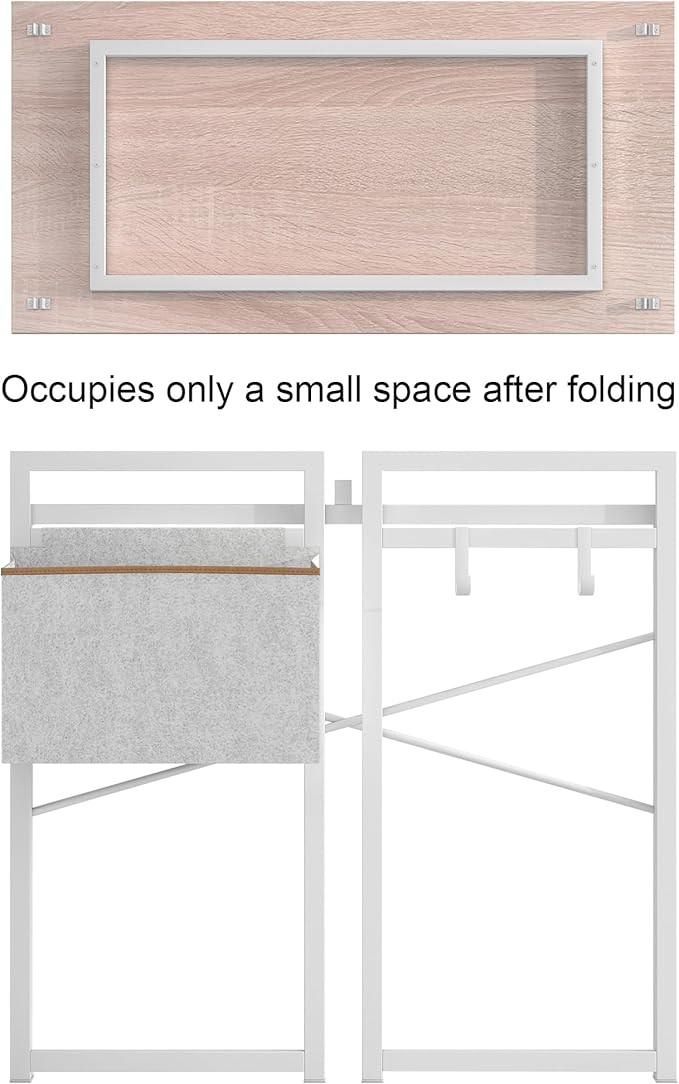 JSB Small Folding Computer Desk with Storage Bag and Hook Writing Modern Industrial Work Table Laptop for Home Office White (Natural & White, 31.5")