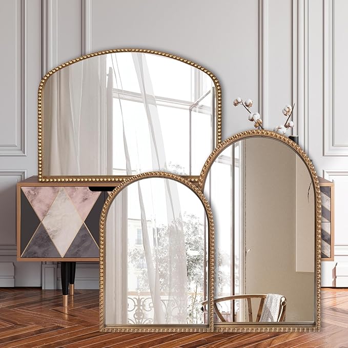 Vanity Mirror for Bedroom, 35" x 28" Large Arch Vintage Gold Wall Mirror, Beaded Frame Decorative Accent Mirrors for Washroom, Living Room, Entryway, Bathroom, Fireplace