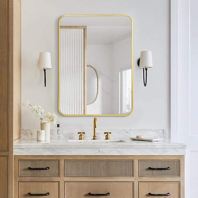 24x36 Rounded Rectangle Bathroom Mirrors for Over Sink, Glod Vanity Mirror with Metal Frame Wall Mounted, Modern Farmhouse Mirror for Restroom, Bedroom, Entryway Decor