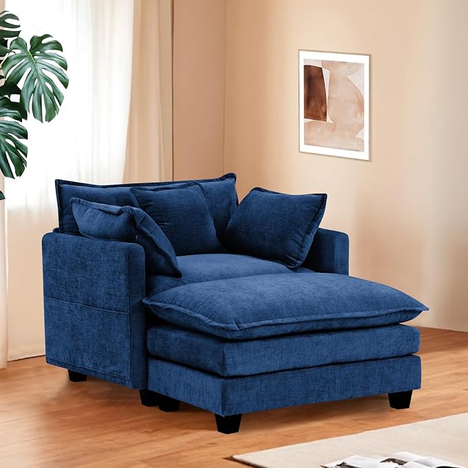 Furniliving Oversized Accent Chair with Ottoman, Luxury Chenille Single Sofa, Upholstered Deep Seat Chaise Lounge with Pillows for Living Room, Bedroom, Apartment, Blue