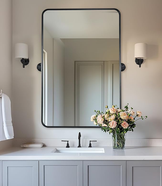 ANDY STAR Pivot Bathroom Mirror, 24 x 36 Inch Black Tilting Mirror for Bathroom with Rounded Corner Tube Metal Frame Design, Black Vanity Rectangle Mirror for Wall, Hangs Vertically Farmhouse Style