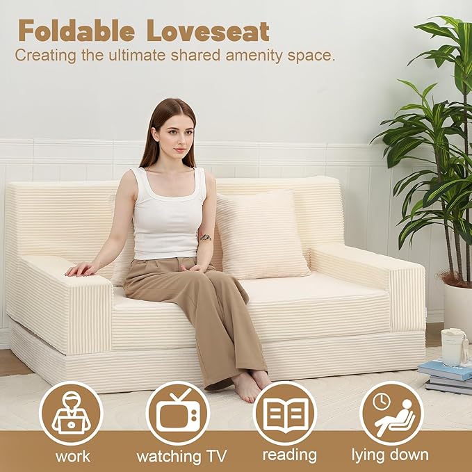 MeMoreCool Boneless Folding Sofa Bed Queen, Corduroy Convertible Sleeper Chair, Foldable Foam Mattress Chair, Comfy Fold‑Out Futon Couch Bed, Large Floor Sofa Couch for Living Room Guest