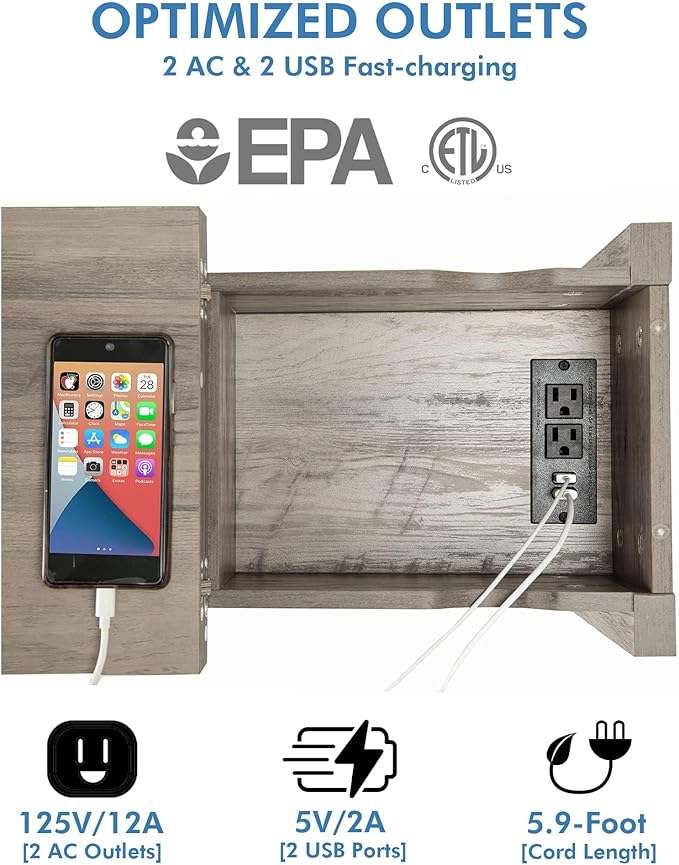 Narrow End Table with Charging Station Farmhouse Slim Side Table with USB Ports and Power Outlets, Nightstand with Flip Top and Storage Drawer, for Small Spaces Living Room Bedroom, Gray