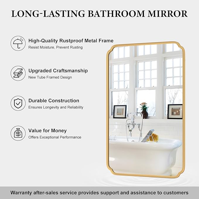 55X36 Inch Gold Metal Framed Bathroom Mirror for Wall, Large Rounded Rectangle Bathroom Vanity Mirror Farmhouse, Anti-Rust, Tempered Glass, Hangs Horizontally or Vertically