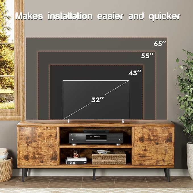 YESHOMY Modern TV Stand for 65" Television, Entertainment Center with Two Storage Cabinets and Open Shelves, Retro Style Media Console for Living Room, Bedroom, Office, 58 Inch, Rustic Brown