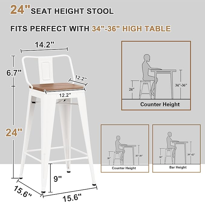 24 Inch Swivel Bar Stools Set of 4 with Backs Counter Height Industrial Metal Barstools Island Bar Chairs for Home Kitchen Dining Room (Swivel 24 inch, White Wooden)