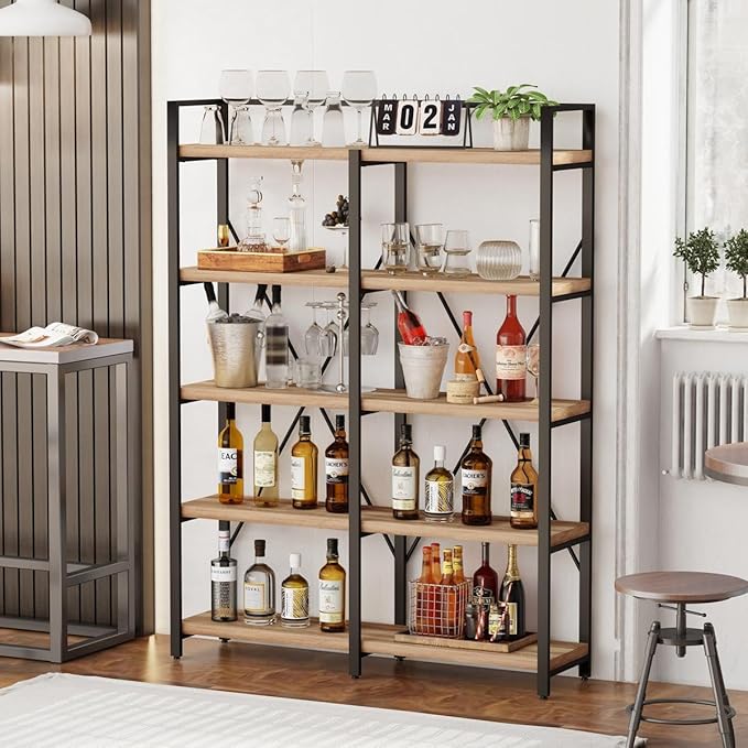 FATORRI Bookshelf, 5 Tier Industrial, Tall Etagere Bookcase, Rustic Wood and Metal Book Shelf with Large Open Shelving Unit for Home Office Living Room (Rustic Oak, 51 Inch Wide)