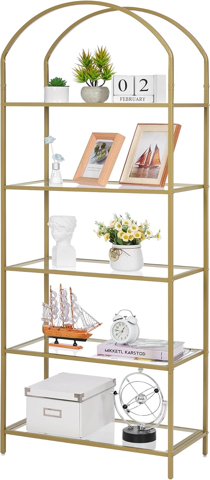 Homhedy Bookshelf Arched Display Racks,Metal Bookcase,Tempered Glass Shelves,Storage Rack Shelf for Home Office,Living Room,Bedroom, Bathroom,Modern Style (Golden, 11.8" D x 23.6" W x 62.2" H)