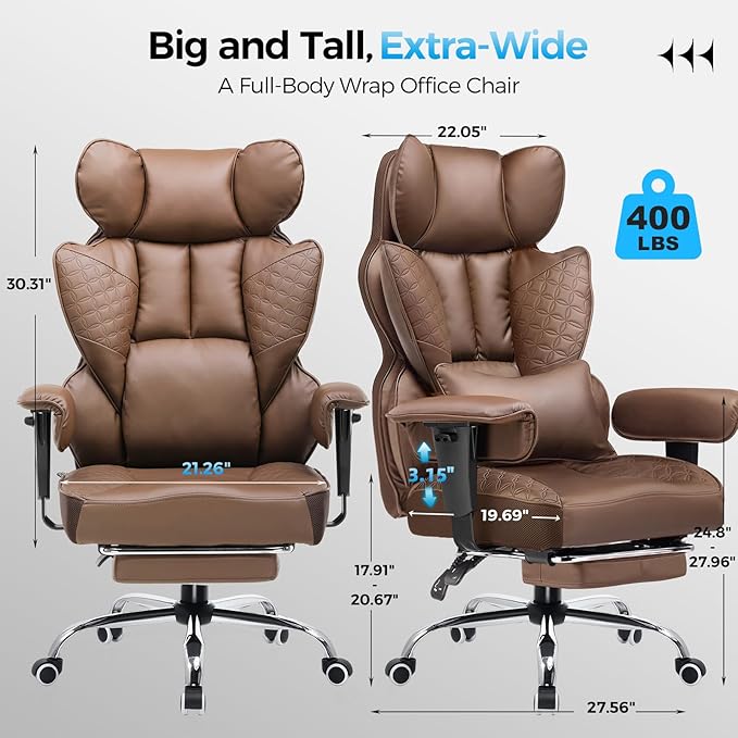 GTRACING Big and Tall Gaming Chair 400lbs Heavy Duty Office Chair with Foot Rest & Ergonomic Pocket Spring Lumbar Support, High Back 3D Saddle Shaped Cushion for Back Pain Relief, Brown