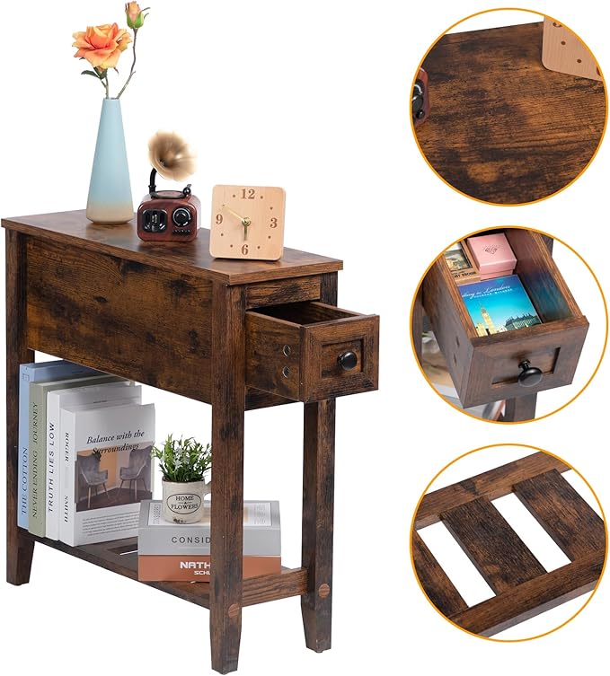 Brown 2 Pack Chairside Narrow End Table with Drawer, Solid Recliner Side Table with Storage Shelf, Slim Nightstand Bedside Table for Bedroom