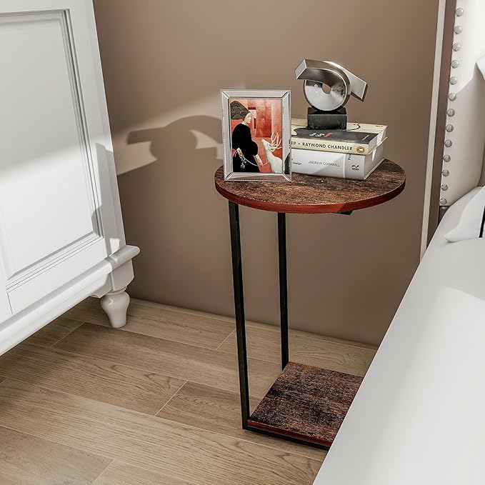 HDANI C Table End Table Set of 2,Round Side Table That Slide Under,C Shaped End Table for Couch,Small Table for Living Room,Bedroom,Rustic Brown
