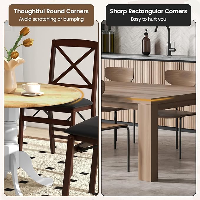 COSTWAY Round Dining Table for 4, 39-inch Wooden Kitchen Table With Solid Rubber Wood Frame, Curved Trestle Legs, Adjustable Foot Pads, Mid Century Rustic Dinning Table for Living Room (Natural+White)