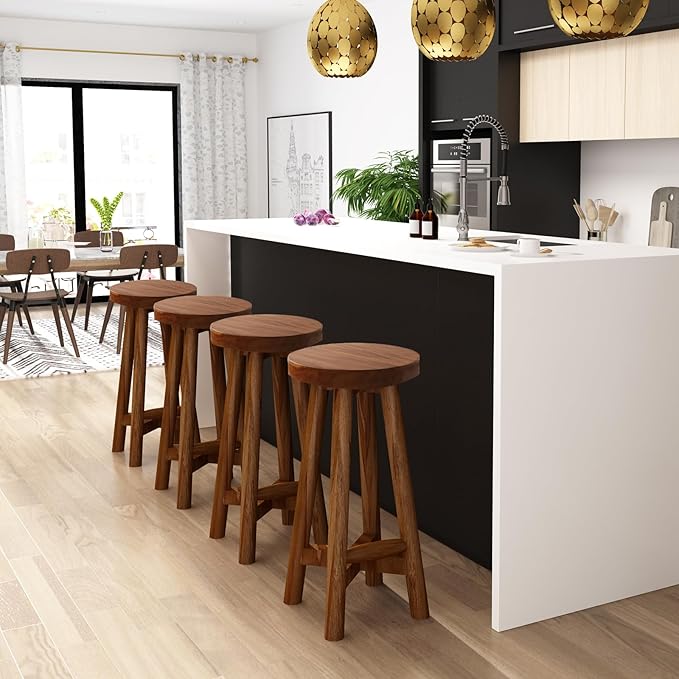 Solid Teak Wood Barstool with Round Seat for Kitchen Counter, Home Bar Furniture, 24-Inch Height