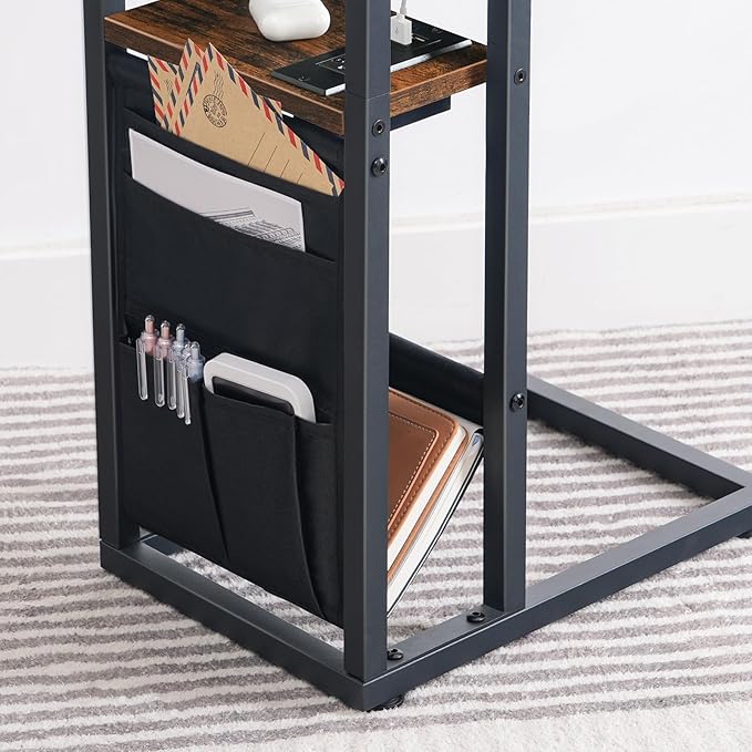 HOOBRO Foldable End Table with Charging Station, C Shaped Side Table with Storage Bag, Slide Under Sofa Couch Table for Small Spaces in Living Room, Bedroom, Easy Assembly, Rustic Brown BF101USF01