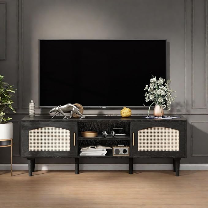 TV Stand for TVs up to 60", Modern Entertainment Center with 2 Rattan Doors, TV Cabinet with Solid Wood Legs & Golden Handles, TV Media Console Table for Living Room, Black & Wood