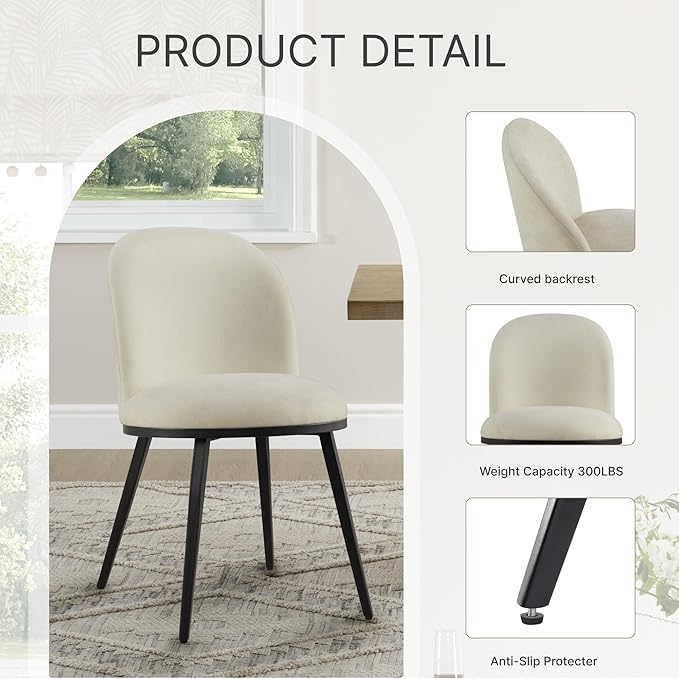 Dining Chairs Set of 2, Fabric Upholstered Dining Room Chairs with Ergonomic Backrest & Metal Legs, Modern Kitchen Side Chairs for Home, Restaurant, and Café, Sand