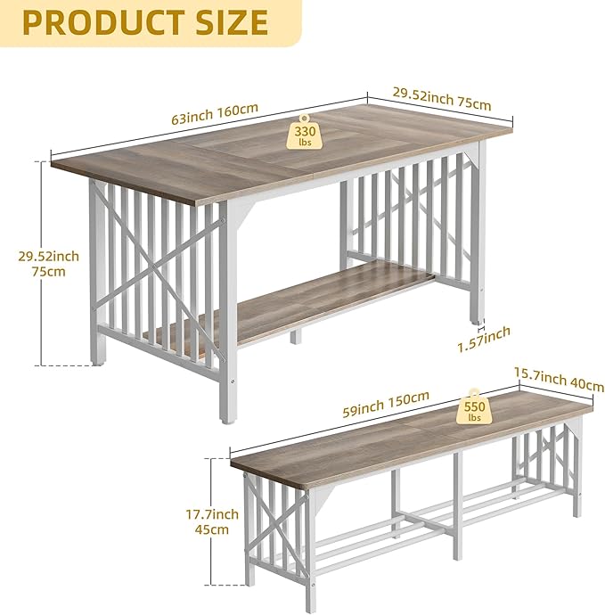 DWVO 3-Piece Dining Table Set for 4-6 People, 63" Dining Room Table with 2 Benches, Industrial Rectangular Dining Room Table Set with Storage for Kitchen, Dining Room, Washed Grey