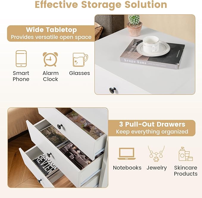 KOMFOTT 3 Drawers Nightstand, Wooden Bedside Table, Modern Sofa Side End Table, Space-Saving Telephone Table, Chest of Drawers for Living Room, Bedroom & Office (1, White)