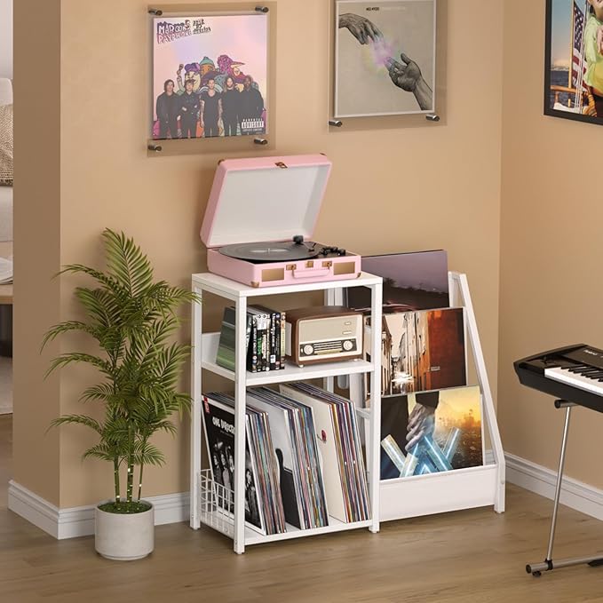 LELELINKY Record Player Table,Turntable Shelf with Vinyl Storage Up to 150 Albums,White Side Table with 3 Tier Magazine Periodical Book Rack,Wide Metal Record Holder Cabinet for Room Office