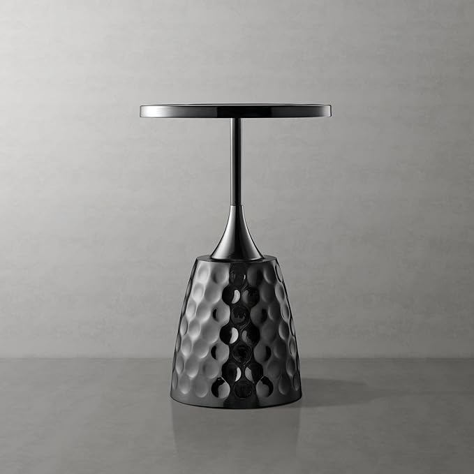 HOMES: Inside + Out Halric Modern 24" Tall Round End Table with Printed Tabletop and Iron Metal Base, Accent Furniture, Pedestal Stand for Living Room, Home Office, Black with Geometric Floral
