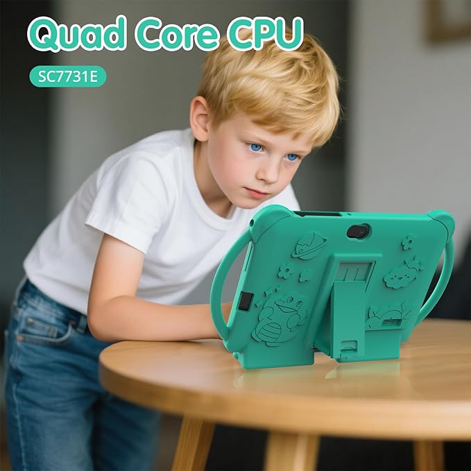 Kids Tablet 7 inch Android 12.0 for Toddler, 4GB RAM 32GB ROM Bluetooth IPS Screen Parental Control Dual Camera Shockproof Case for Educational Games, (Green)