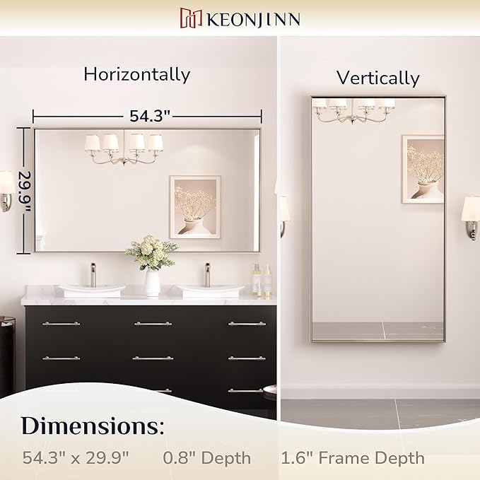 Keonjinn 55 x 30 In Brushed Nickel Bathroom Mirror for Wall, Rectangular Metal Framed Large Silver Vanity Mirror for Over Sink Square Corner Aluminum Alloy Modern Rectangle Mirror(Horizontal/Vertical)