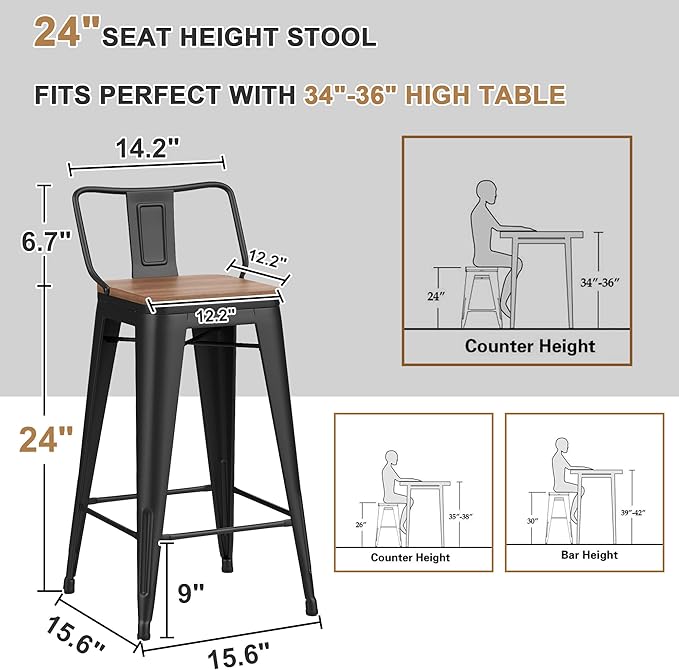 24 Inch Swivel Bar Stools Set of 4 with Backs Counter Height Industrial Metal Barstools Island Bar Chairs for Home Kitchen Dining Room (Swivel 24 inch,Matte Black Wooden)