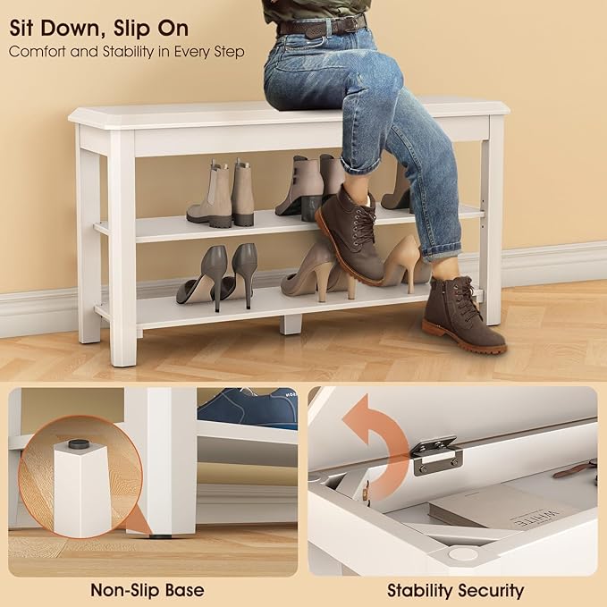 Shoe Rack Bench Seat Rubberwood 2-Tier Wooden Storage Bench 550lbs Compact Mid-Century Modern Design for Entryway, Hallway, Closet, Front Door Entrance, Foyer
