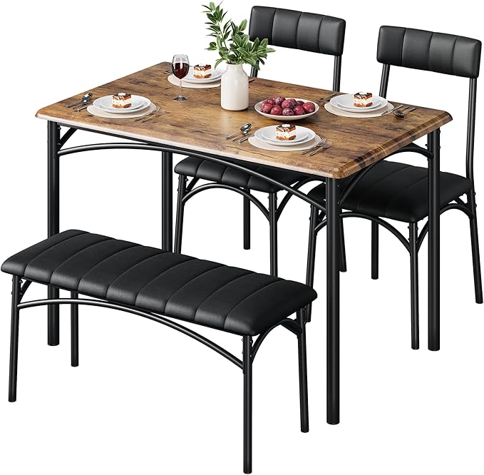 GAOMON Dining Table Set for 4 with Upholstered Bench and 2 Chairs, Rectangular Dining Room Table Set for 4 for Small Space, Apartment, Dinner, Rustic Brown