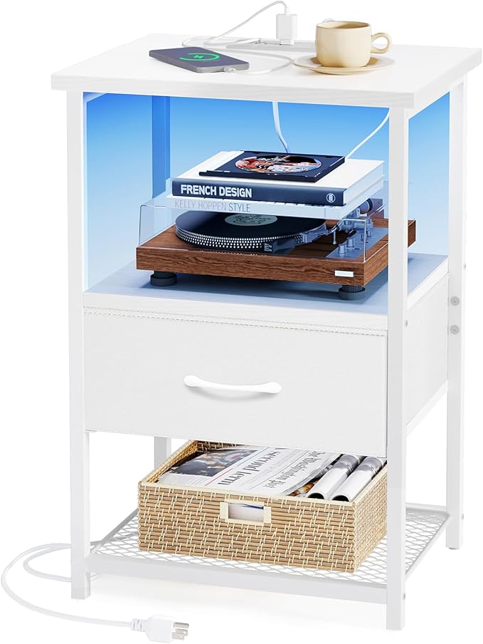 Fixwal Night Stand with Charging Station, LED Nightstand with Fabric Drawers, End Table with PU Finish, Bed Side Table, White