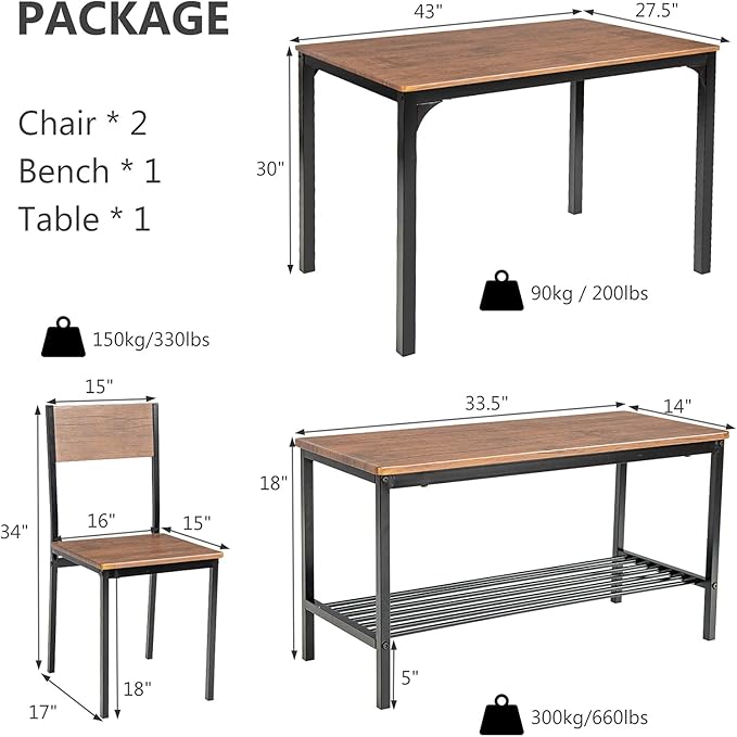 Giantex Dining Table Set for 4, 43" Kitchen Table and Chairs, Dining Bench with Metal Frame & Storage Rack, 4-Piece Modern Functional Desk Set for Dinette, Small Space, Apartment, Restaurant, Brown