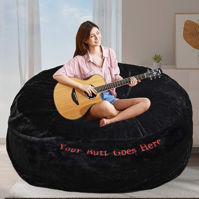 BCU 7FT Big Bean Bag for Adults Kids Without Filling Funny Patterns Embroidered oversized Bean Bag Chair Cover for Stuffed Animal Storage, Black