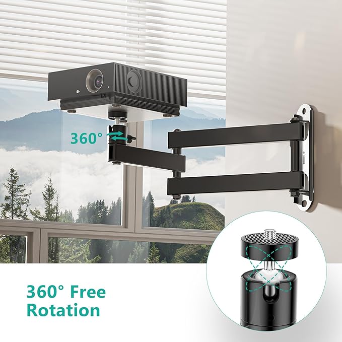 WALI Foldable Projector Wall Mount Universal Adjustable Wall Projector Mount Aluminum Alloy Projectors Stand,1/4" M4 M6 Screw Size,(1330LM-PM), Black