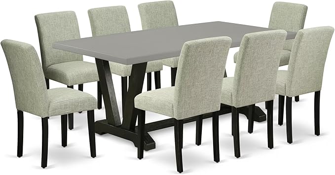 East West Furniture V697AB106-9 9 Piece Dining Room Table Set Includes a Rectangle Kitchen Table with V-Legs and 8 Shitake Linen Fabric Parson Dining Chairs, 40x72 Inch, Multi-Color