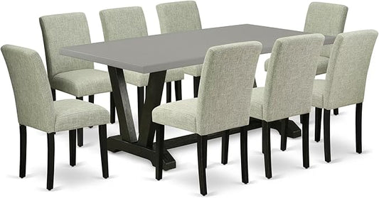 East West Furniture V697AB106-9 9 Piece Dining Room Table Set Includes a Rectangle Kitchen Table with V-Legs and 8 Shitake Linen Fabric Parson Dining Chairs, 40x72 Inch, Multi-Color