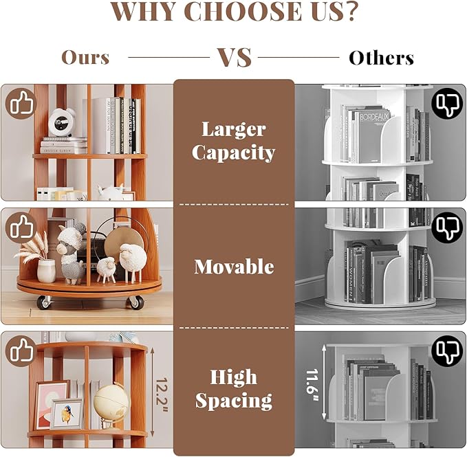 4 Tier Rotating Bookshelf with Brake Wheels, 360° Spinning Bookcase, Vertical Floor Standing Revolving Bookshelf Organizer for Small Spaces, Corner, Living Room, Bedroom, Rustic Brown