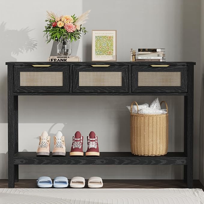 Entryway Table, Boho Console Table with 3 Storage Drawers and Storage Shelf, Sofa Table with Socket, for Entryway, Living Room, Behind Couch and Hallway (Black)