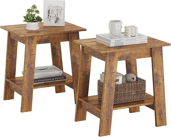 Garvee End Table, Set of 2, Side Table with 2-Tier Storage Shelf, Sofa Table for Small Space, Square Nightstand for Entryway, Farmhouse, Living Room, Easy Assembly, Rustic Brown