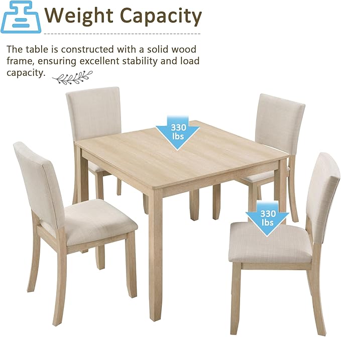 Ball & Cast 5 Piece Dining Table Set with 4 Upholstered Chairs,Wooden Living Room Furniture W/ 34.5" Square Kitchen Desk & Backrest Chair,for Small Space,Dining Room,Liaght Oak & Beige