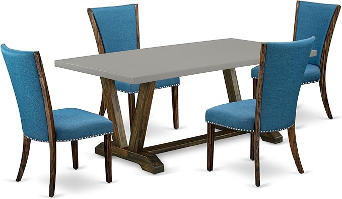 East West Furniture V797VE721-5 5 Piece Dining Room Table Set Includes a Rectangle Kitchen Table with V-Legs and 4 Blue Color Linen Fabric Parson Dining Chairs, 40x72 Inch, Multi-Color