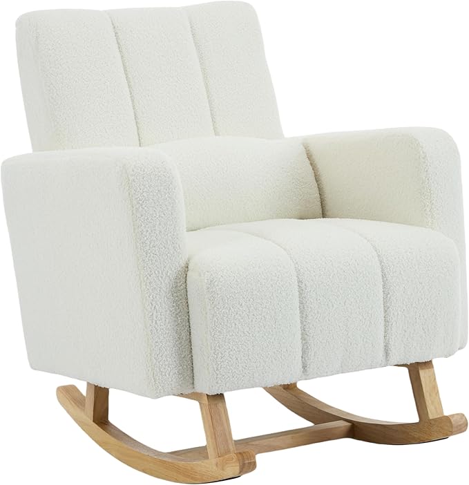 Christopher Knight Home Mapo Wooden Rocking Chair Indoor, Teddy Upholstered Spacious Rocker Chair with Pillow, Comfy Rocking Chair with Armrest for Bedroom, Living Room, Offices, Cream White
