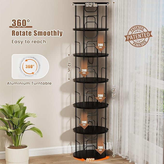 6 Tier Rotating Bookshelf, 360 ° Display Stackable Spinning Bookshelf Tower, Corner Bookshelf Tall Floor Standing Swivel Bookcase Narrow Storage Organizer for Bedroom, Living Room, Black