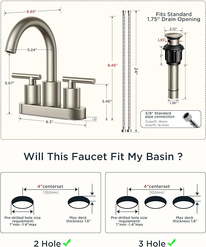 FORIOUS Brushed Nickel Bathroom Faucet 2 Hole, 4 Inch Centerset Bathroom Sink Faucet Brushed Nickel with Metal Dain, 24" CUPC Hoses, 360° Swivel Gooseneck for RV Basin