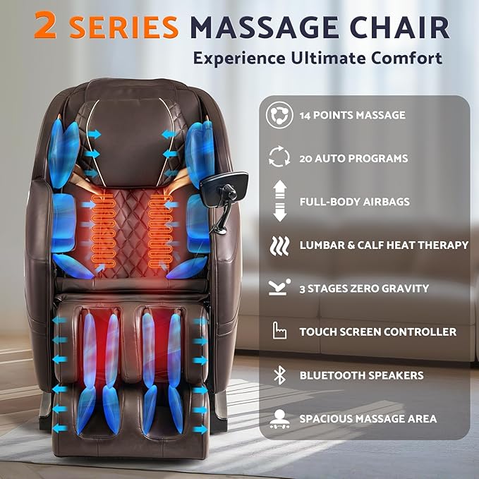 Massage Chair, Zero Gravity Full Body Massage Chair Extra Large Shiatsu Recliner w/ 14 Massage Points, Lumbar & Calf Heating, 20 Auto Modes, Air Compression, Bluetooth Speaker, Touch Screen Controller