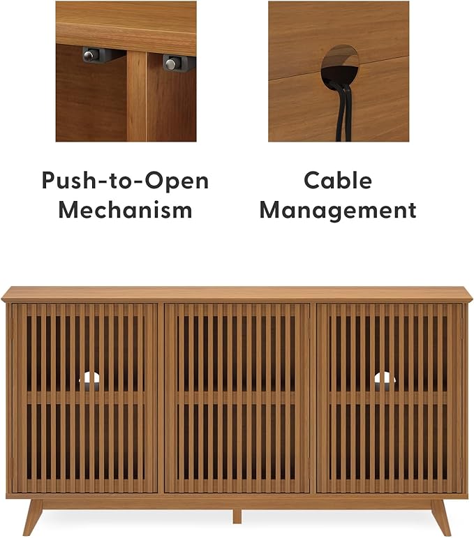 Plank+Beam Mid-Century Modern Wood TV Stand, Three Door Solid Wood Entertainment Console with Storage, 59" L x 16" W x 30" H, Pecan